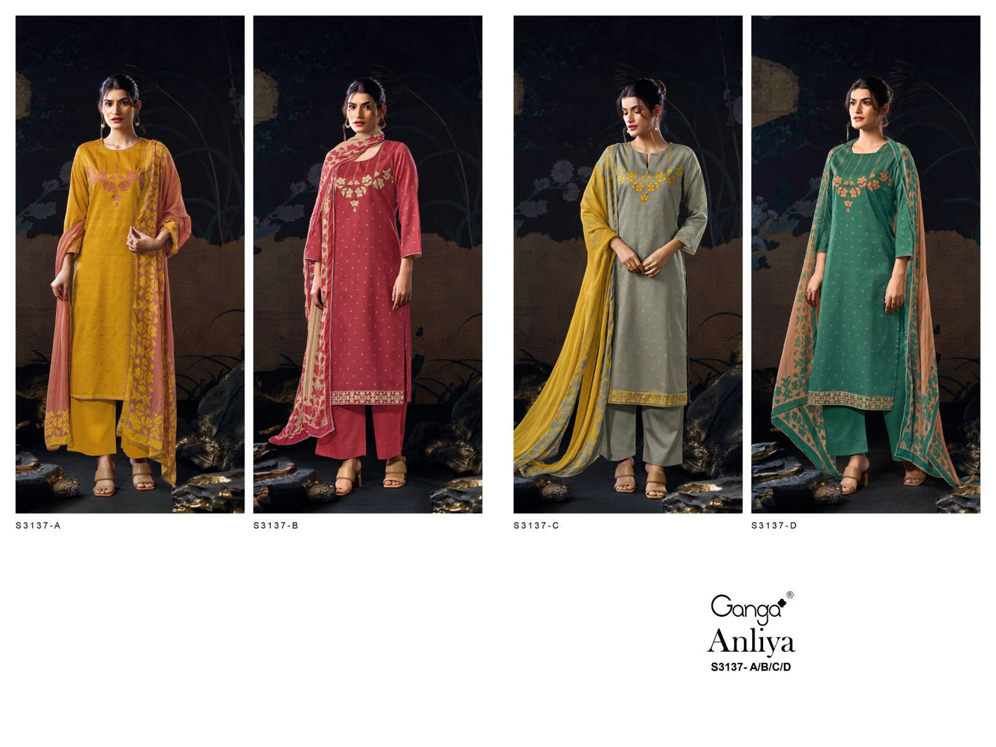 Anliya S3137 Ganga Cotton Satin Plazzo Style Suits Manufacturer Ahmedabad