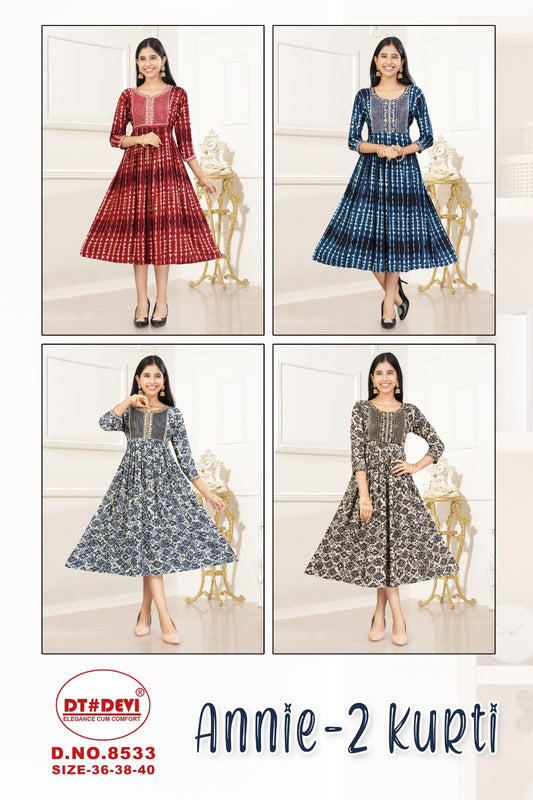 Annie 2-8533 Dt Devi Rayon Anarkali Kurtis Wholesale