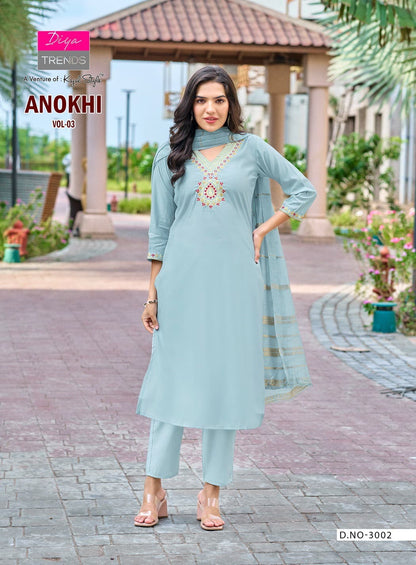 Anokhi Vol 3 Kajal Style Diya Trends Roman Silk Readymade Pant Style Suits Supplier Gujarat