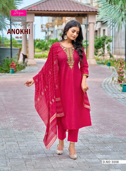 Anokhi Vol 3 Kajal Style Diya Trends Roman Silk Readymade Pant Style Suits Supplier Gujarat