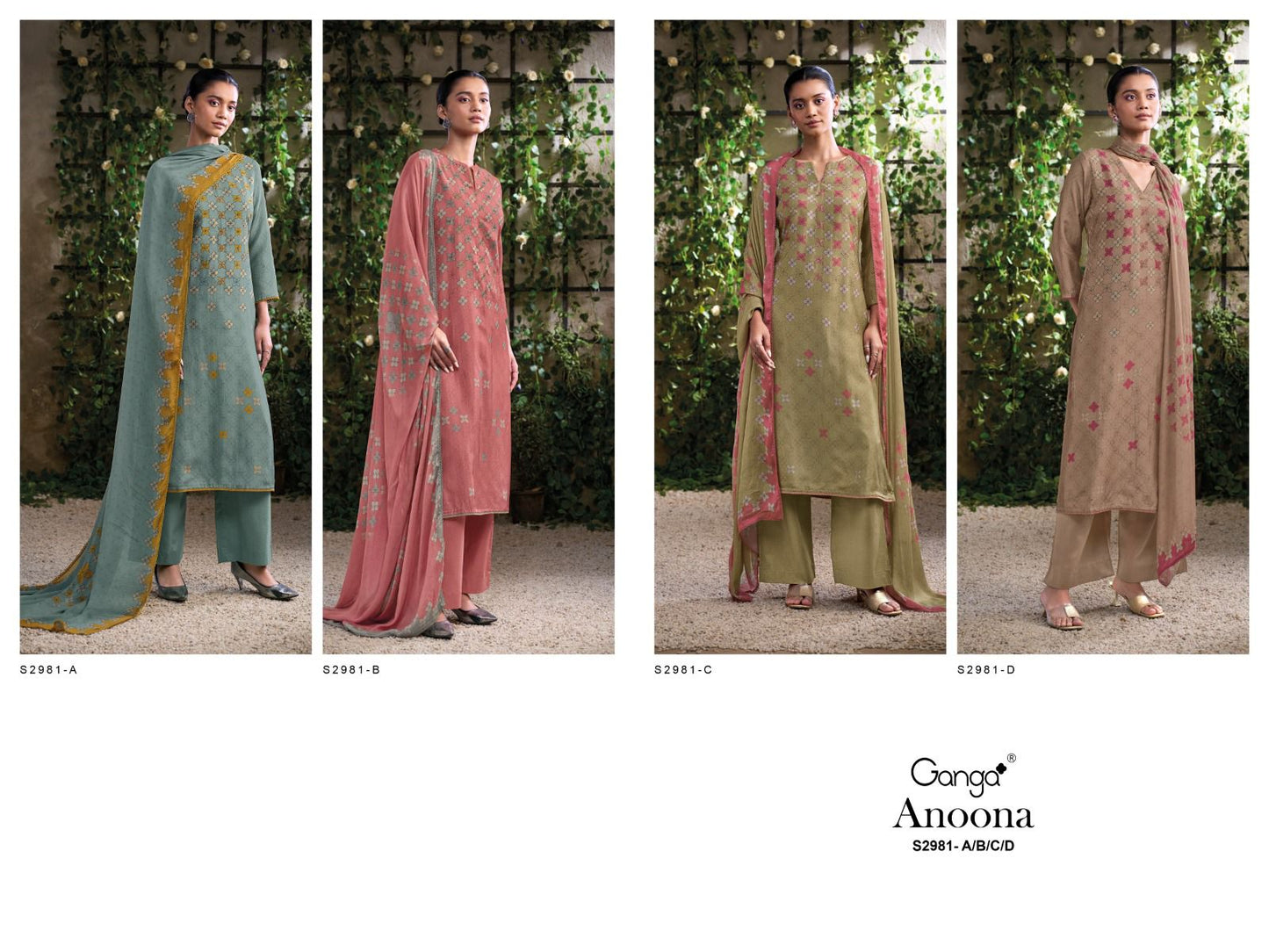 Anoona S2981 Ganga Bemberg Silk Plazzo Style Suits Wholesaler India