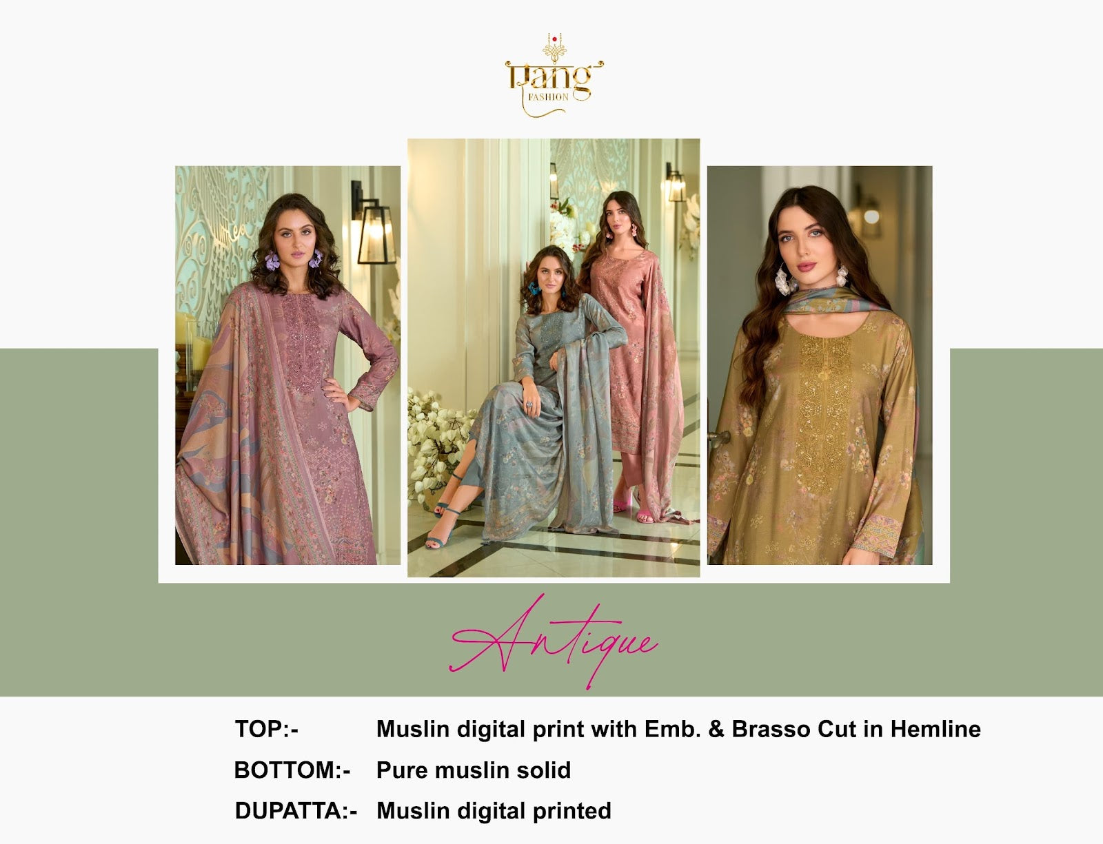 Antique Rang Fashion Muslin Pant Style Suits Wholesaler
