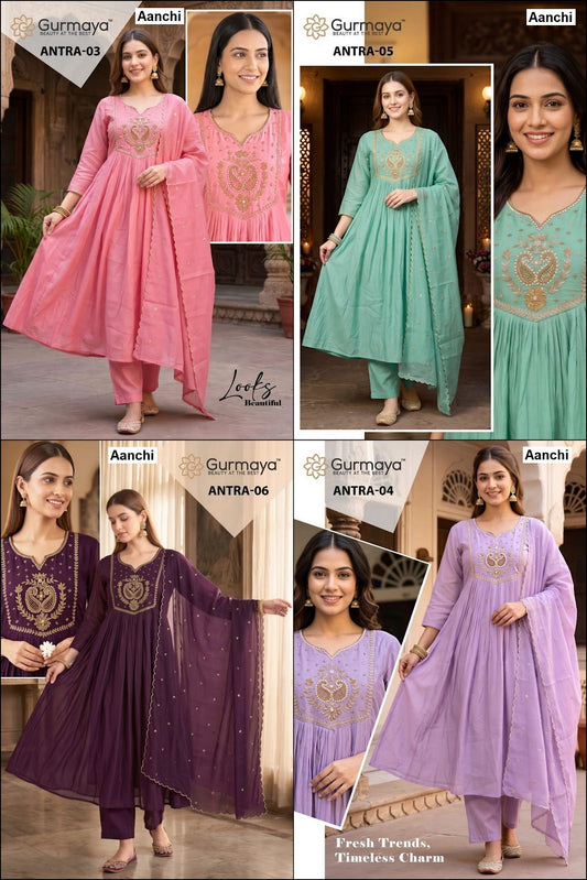Antra Gurmaya Aanchi Mul Chanderi Readymade Anarkali Suits Wholesaler India