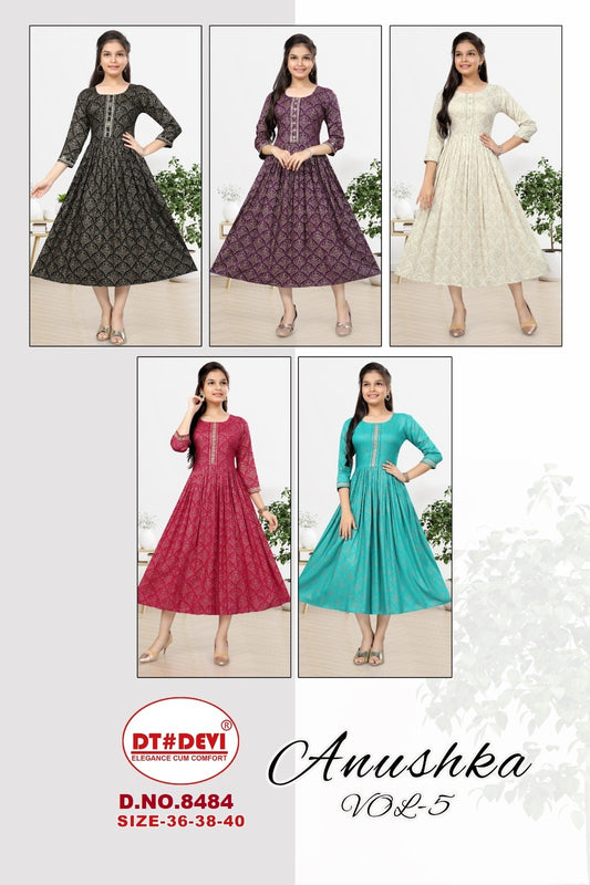 Anushka Vol 5 Dt Devi Rayon Girls Anarkali Kurti Supplier Gujarat