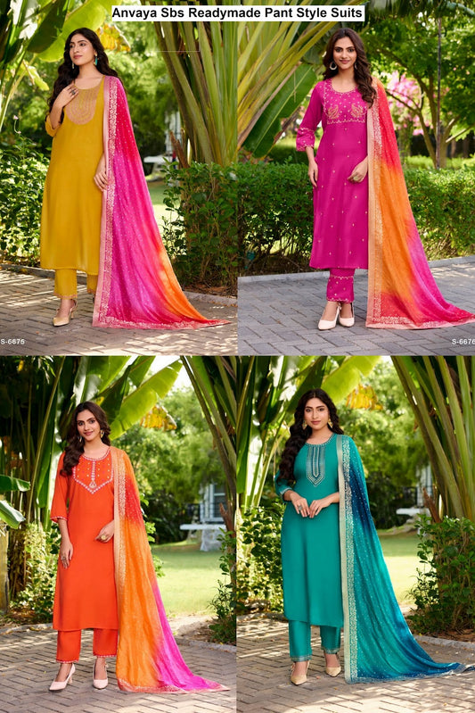 Anvaya Sbs Mal Chanderi Readymade Pant Style Suits Wholesaler