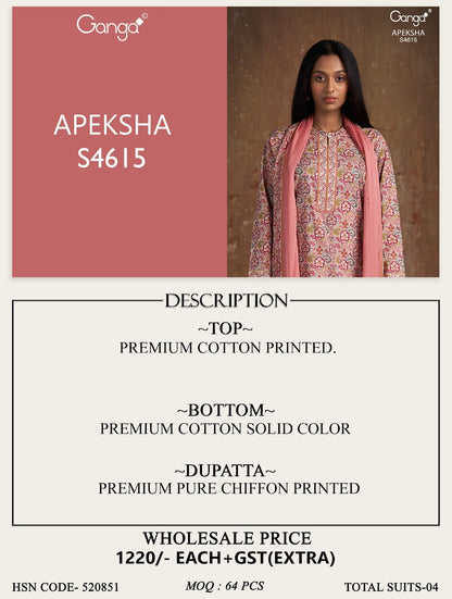 Apeksha S4615 Ganga Cotton Pant Style Suits Wholesaler Ahmedabad