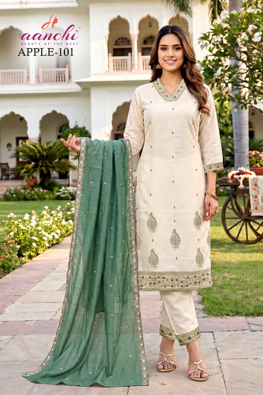 Apple Aanchi Vichitra Silk Readymade Pant Style Suits Exporter Ahmedabad