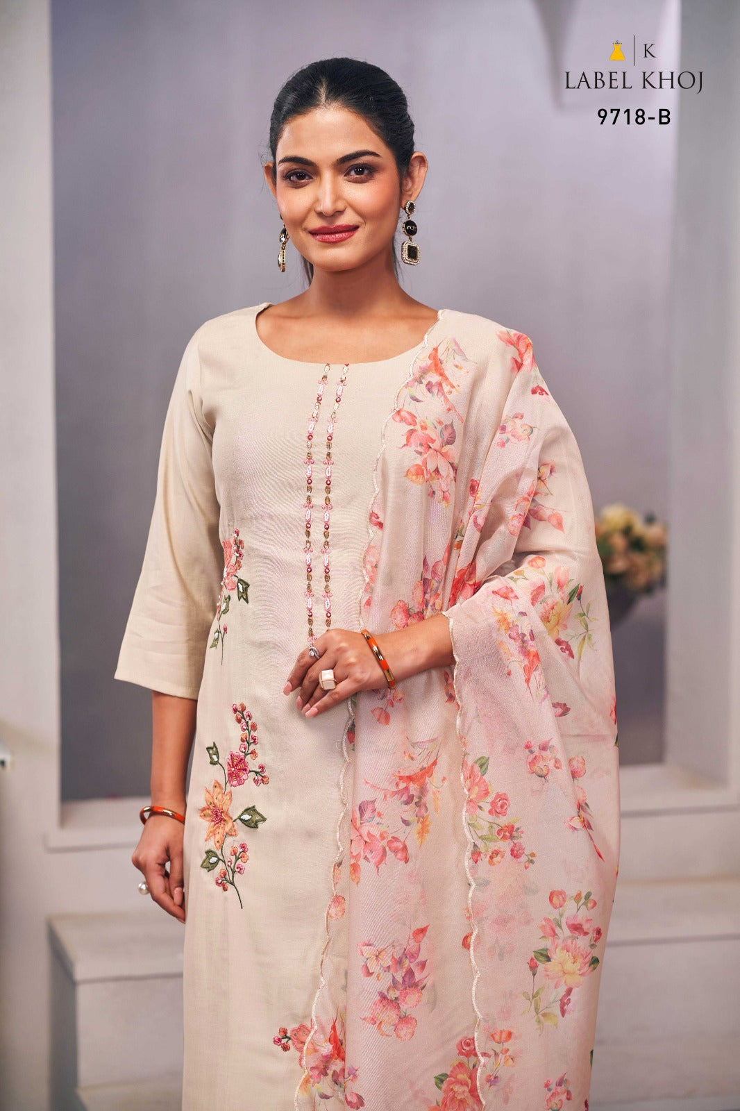 Applique 9718 Ab Label Khoj Roman Silk Readymade Pant Style Suits Wholesaler India