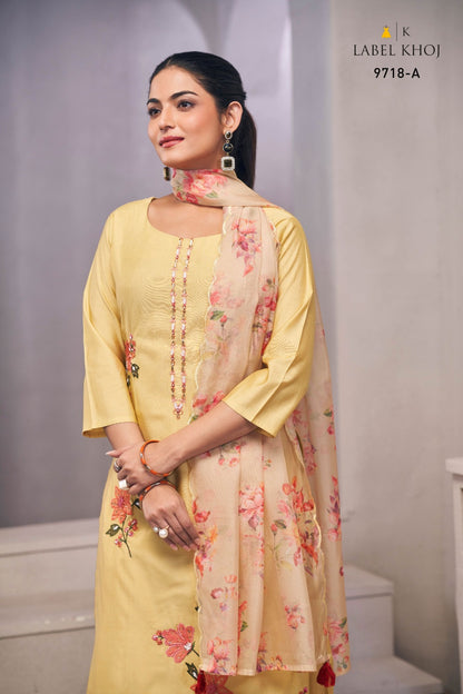 Applique 9718 Ab Label Khoj Roman Silk Readymade Pant Style Suits Wholesaler India