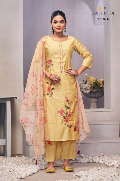 Applique 9718 Ab Label Khoj Roman Silk Readymade Pant Style Suits Wholesaler India