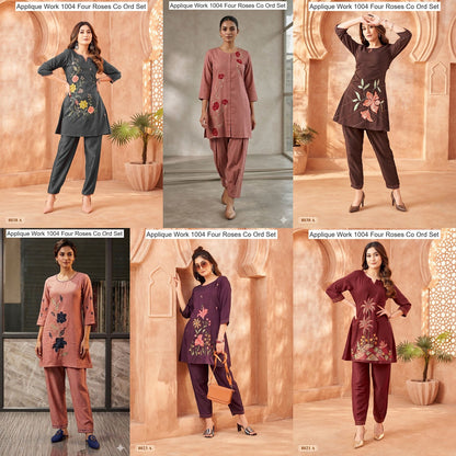 Applique Work 1004 Four Roses Co Ord Set Supplier