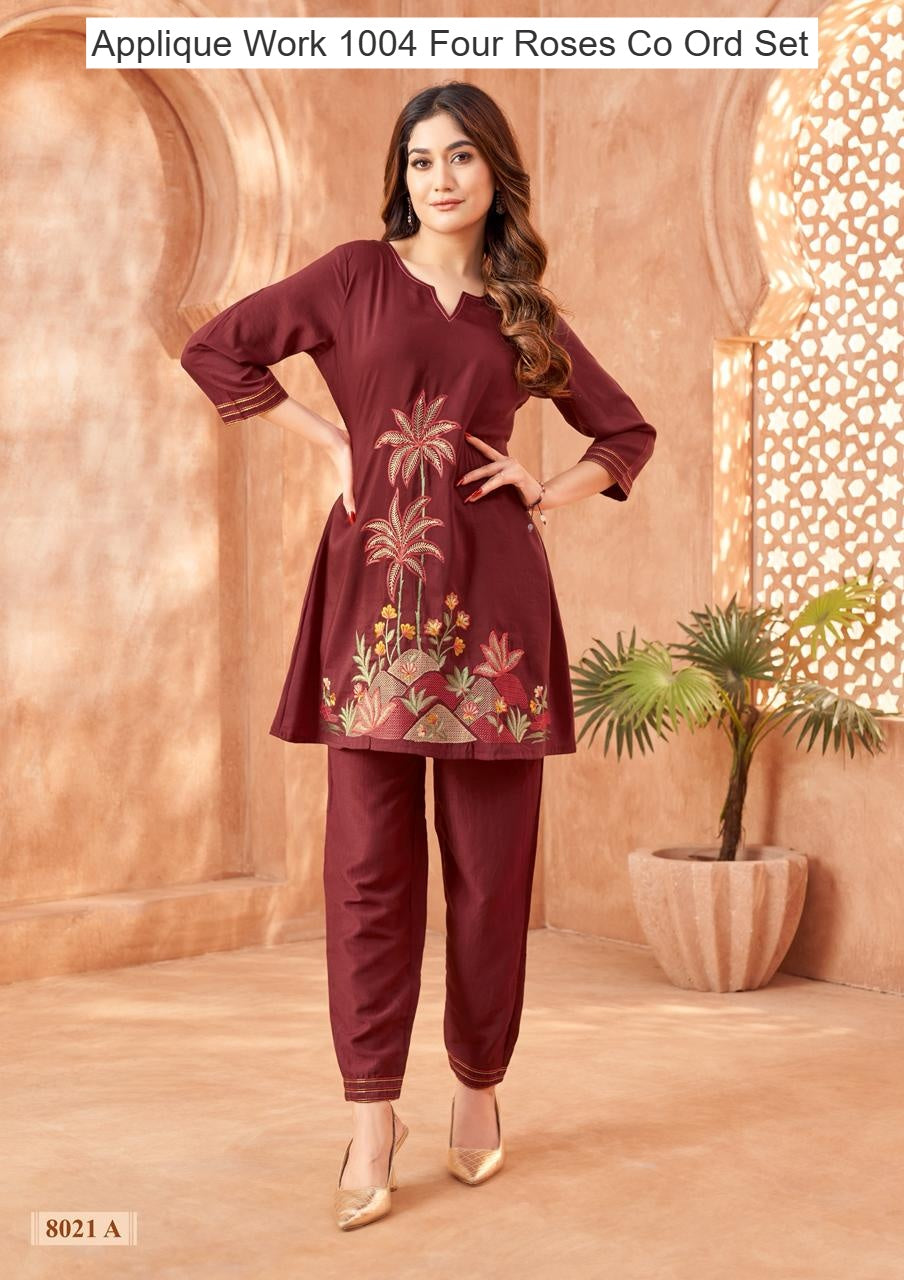 Applique Work 1004 Four Roses Co Ord Set Supplier