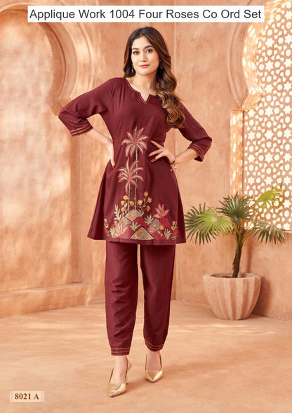 Applique Work 1004 Four Roses Co Ord Set Supplier