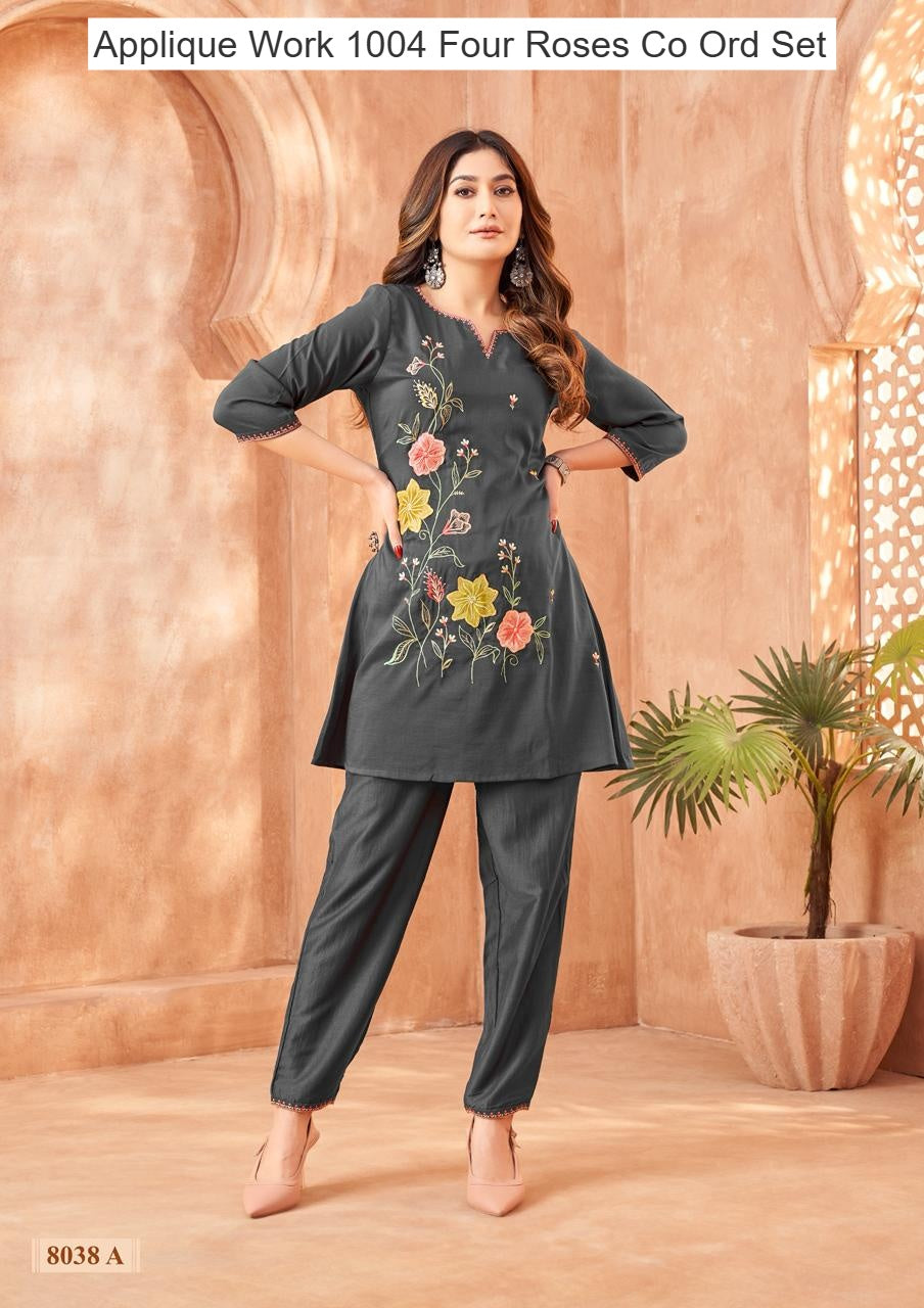 Applique Work 1004 Four Roses Co Ord Set Supplier