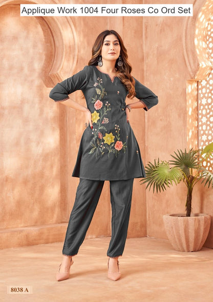 Applique Work 1004 Four Roses Co Ord Set Supplier