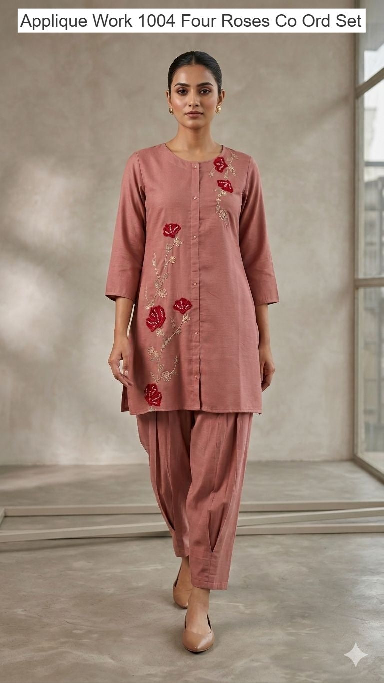 Applique Work 1004 Four Roses Co Ord Set Supplier