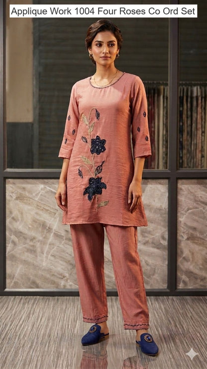 Applique Work 1004 Four Roses Co Ord Set Supplier