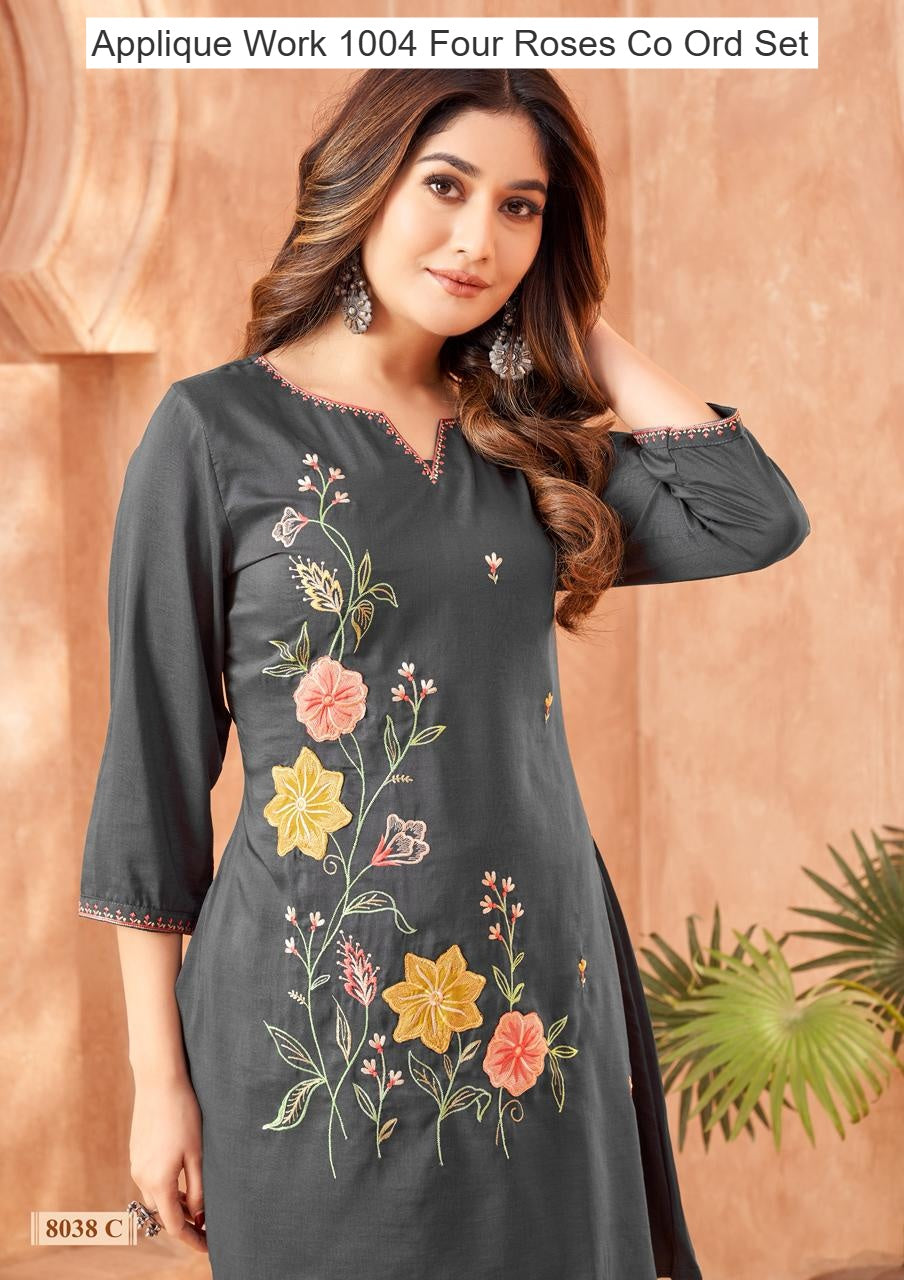 Applique Work 1004 Four Roses Co Ord Set Supplier