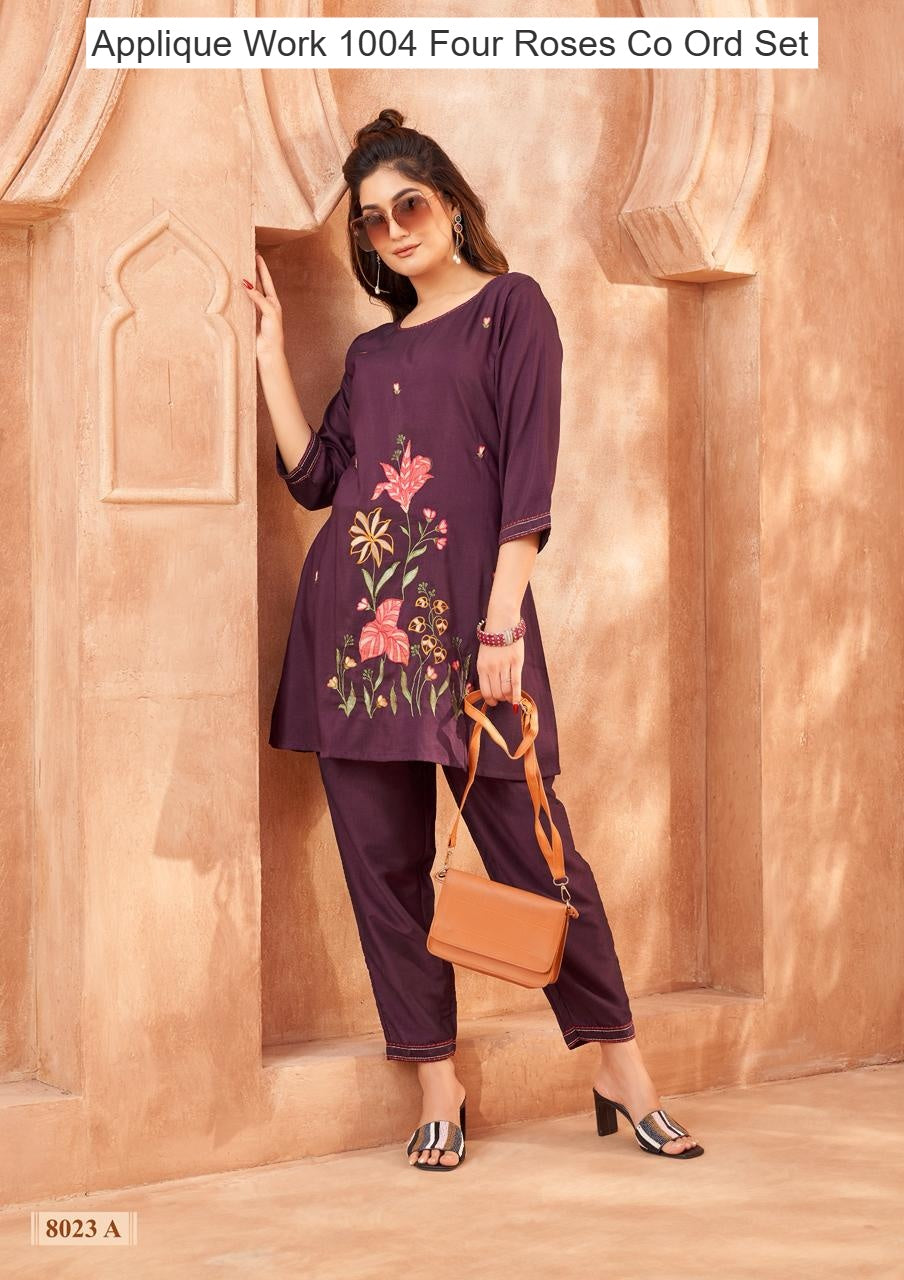Applique Work 1004 Four Roses Co Ord Set Supplier