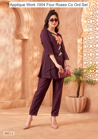 Applique Work 1004 Four Roses Co Ord Set Supplier