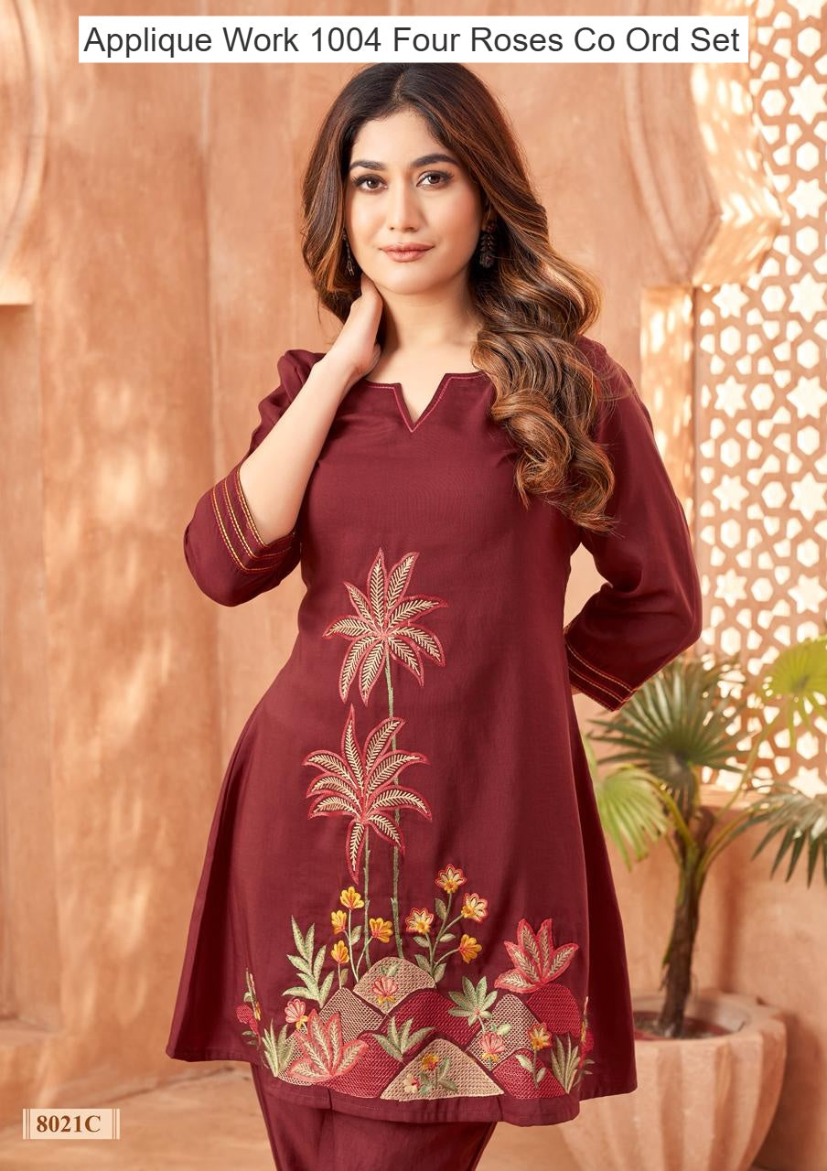 Applique Work 1004 Four Roses Co Ord Set Supplier