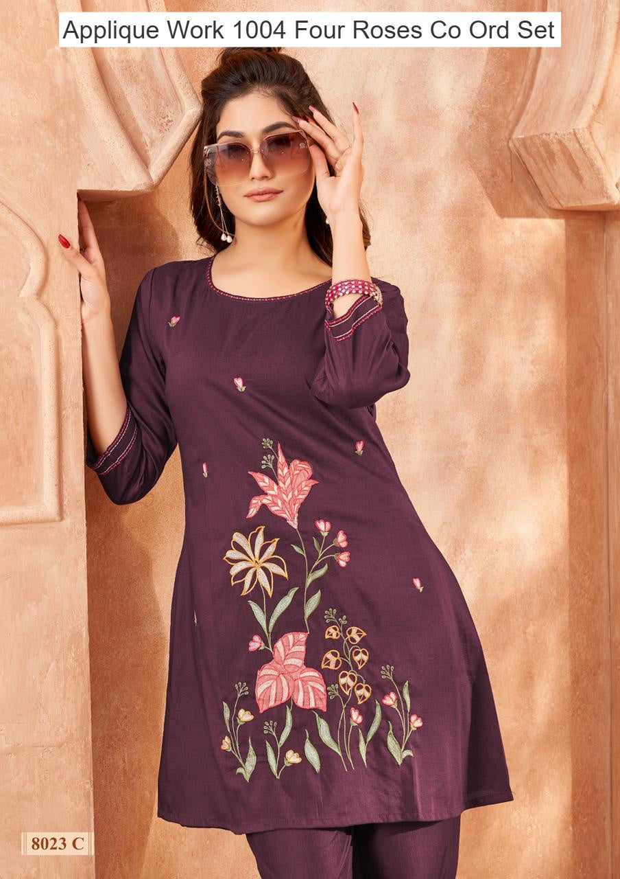 Applique Work 1004 Four Roses Co Ord Set Supplier