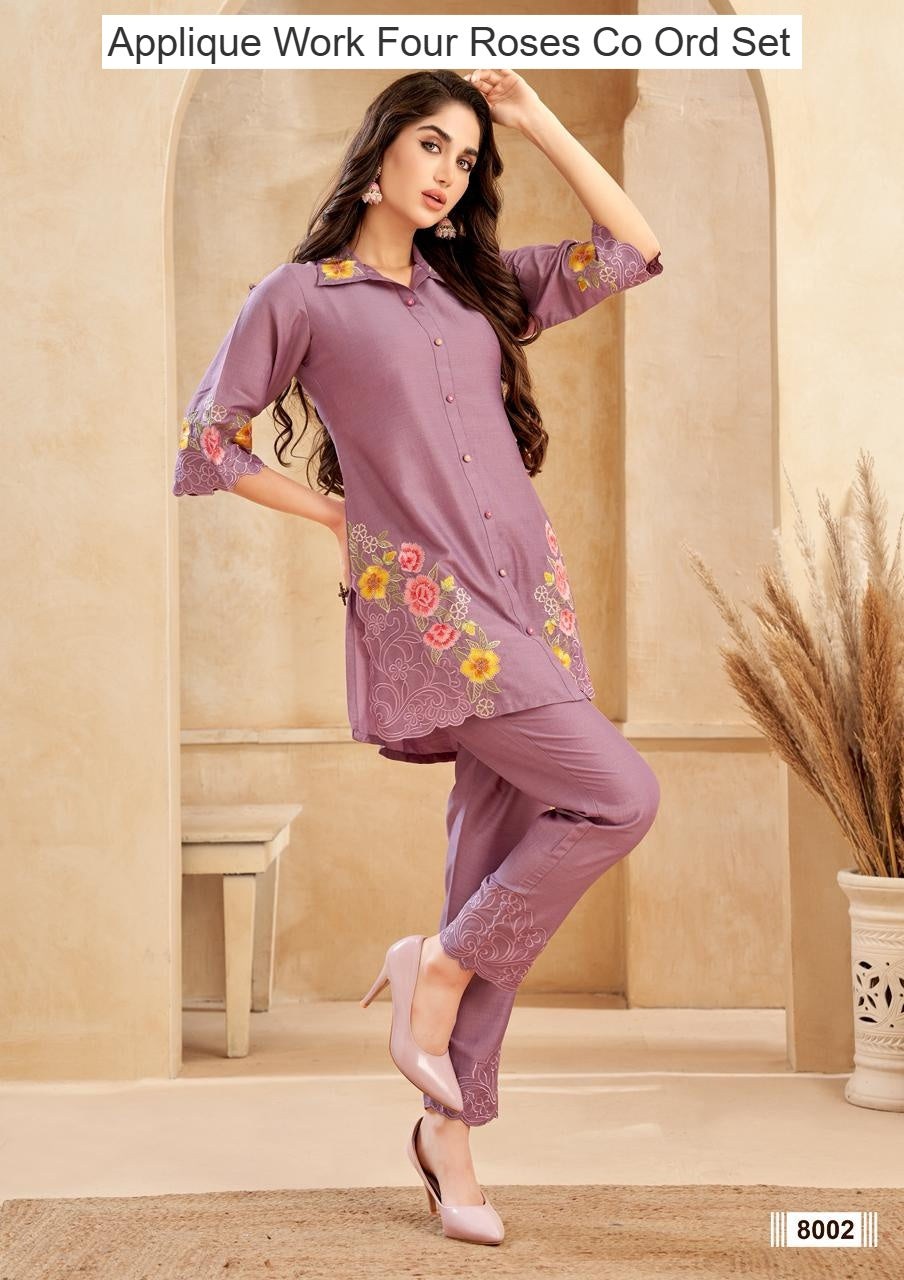Applique Work Four Roses Chinnon Co Ord Set Exporter