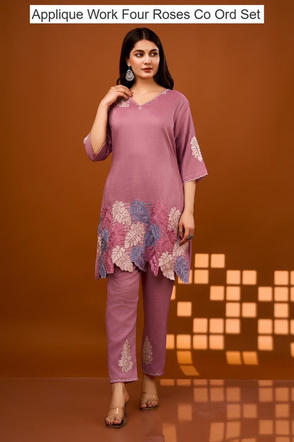 Applique Work Four Roses Chinnon Co Ord Set Exporter
