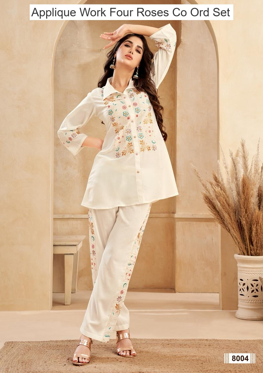 Applique Work Four Roses Chinnon Co Ord Set Exporter