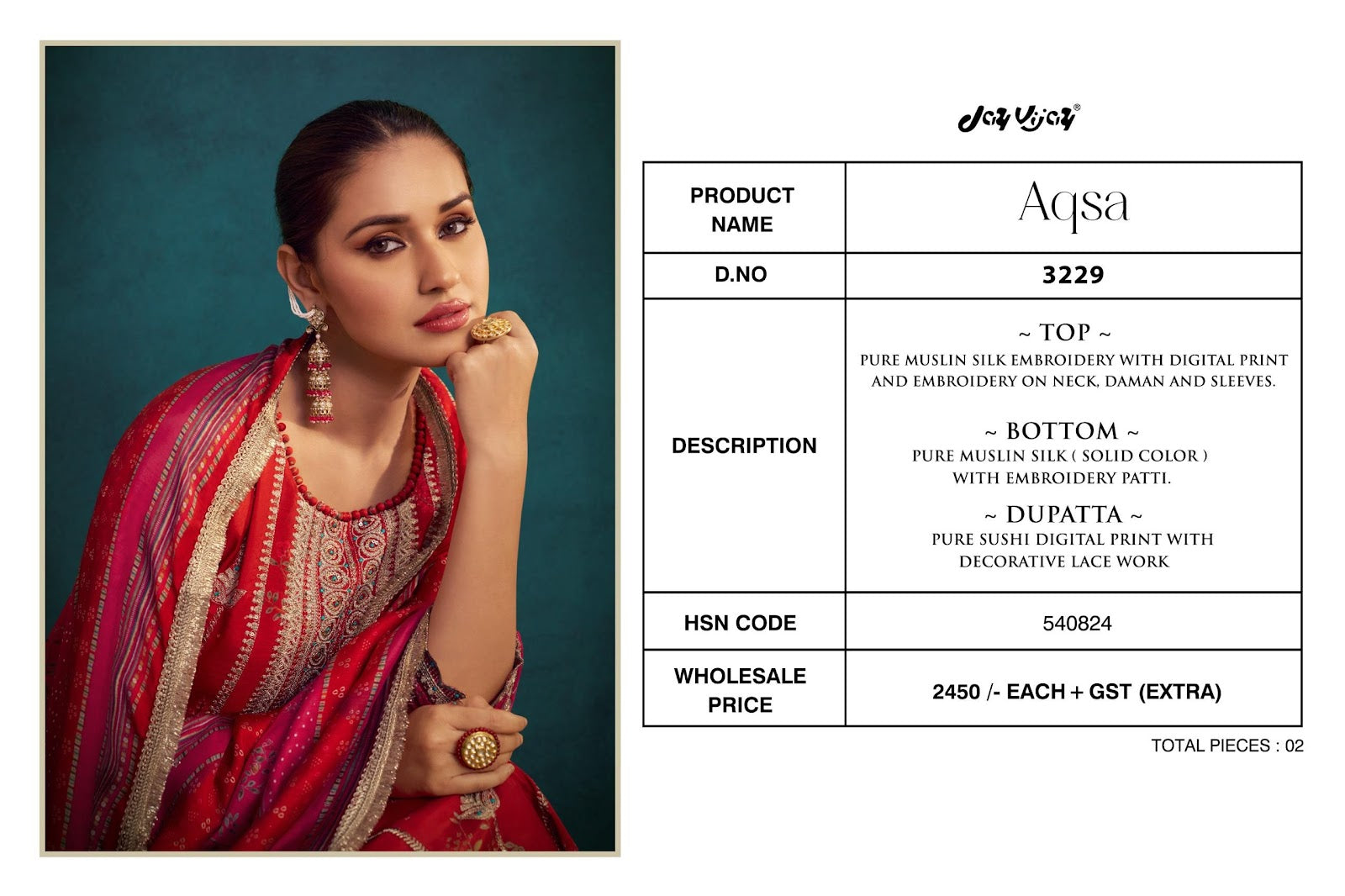 Aqsa Jay Vijay Pure Muslin Pant Style Suits Wholesale