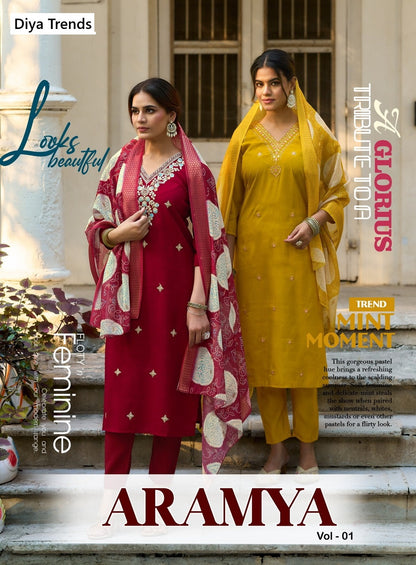 Aramya Vol 1 Diya Trends Roman Silk Readymade Pant Style Suits Wholesale Price