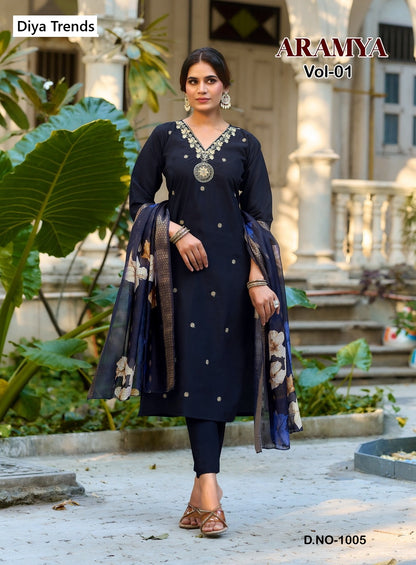 Aramya Vol 1 Diya Trends Roman Silk Readymade Pant Style Suits Wholesale Price