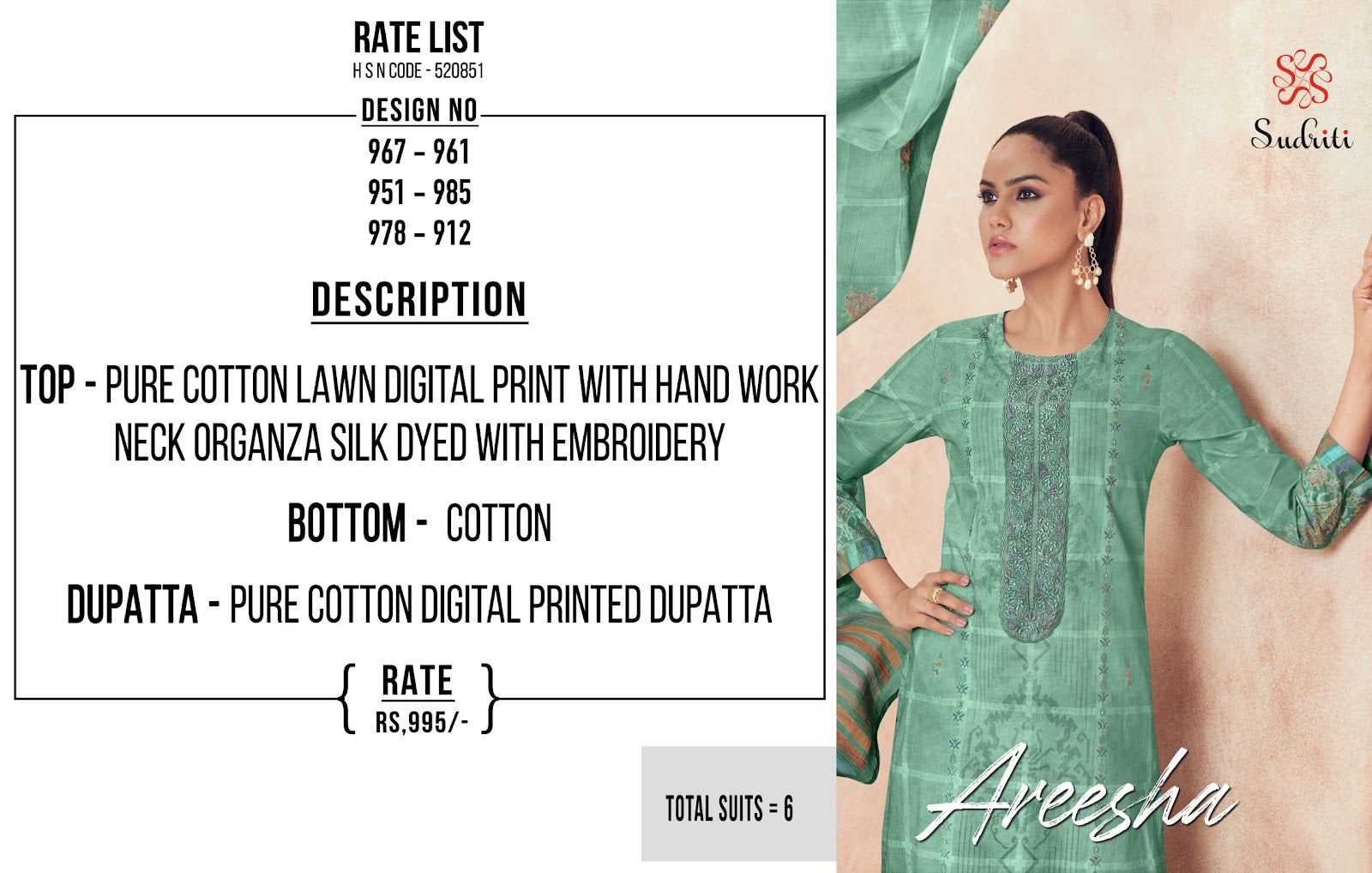 Areesha Sudriti Sahiba Cotton Lawn Pant Style Suits Wholesale Rate