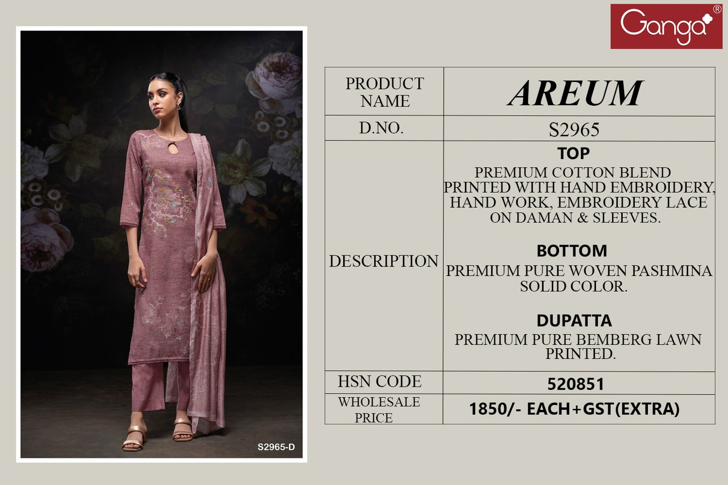 Areum S2965 Ganga Cotton Blend Pashmina Suits Wholesale Rate