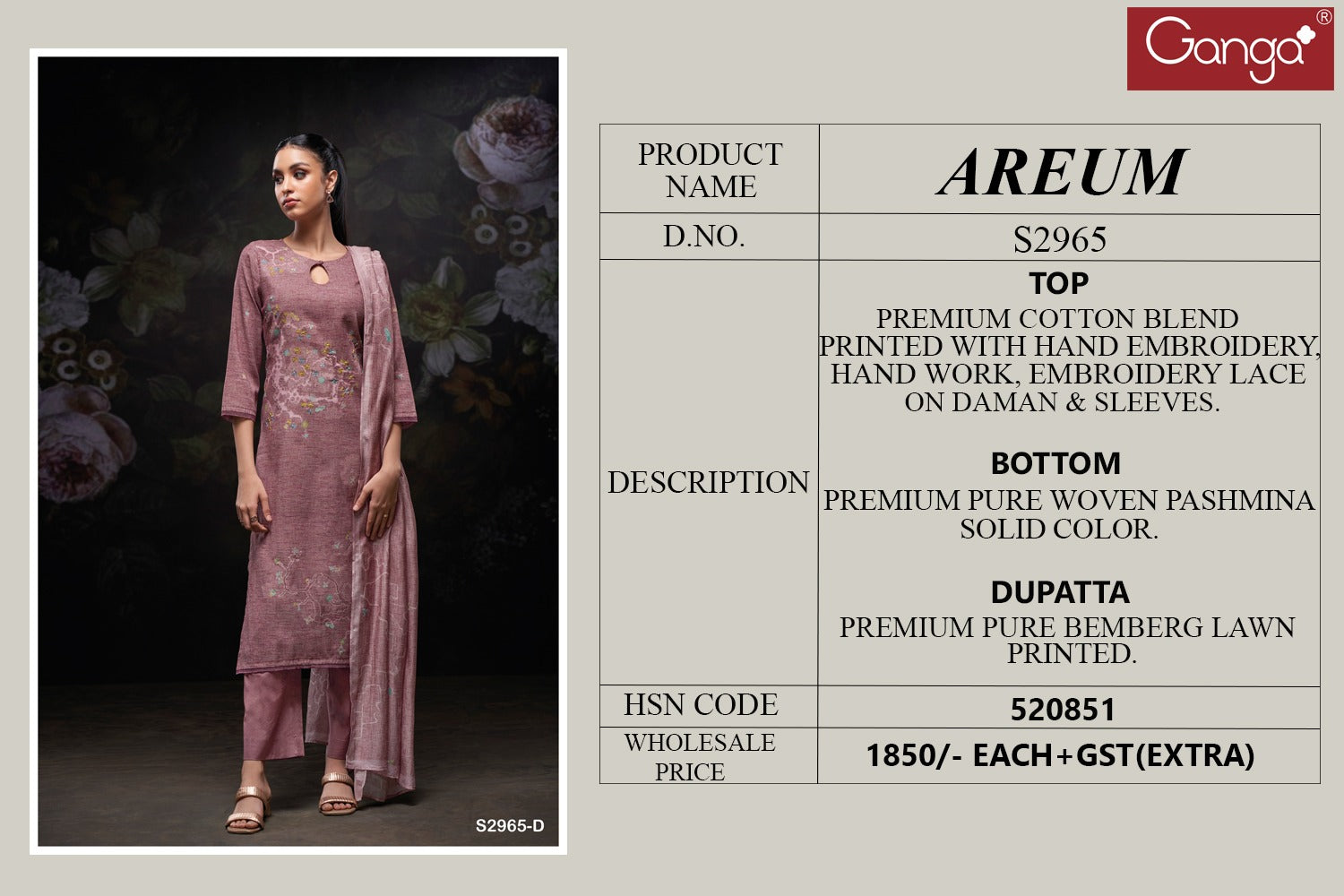 Areum S2965 Ganga Cotton Blend Pashmina Suits Wholesale Rate