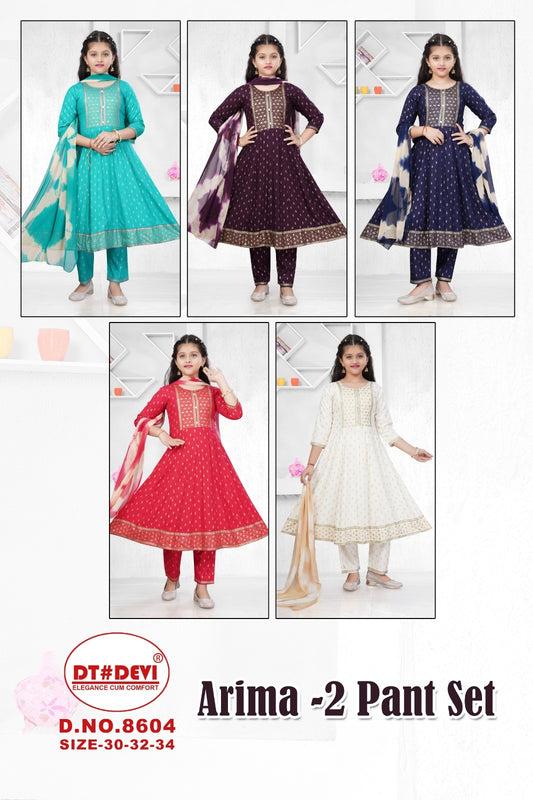 Arima-8604 Dt Devi Rayon Girls Readymade Pant Suits Exporter India