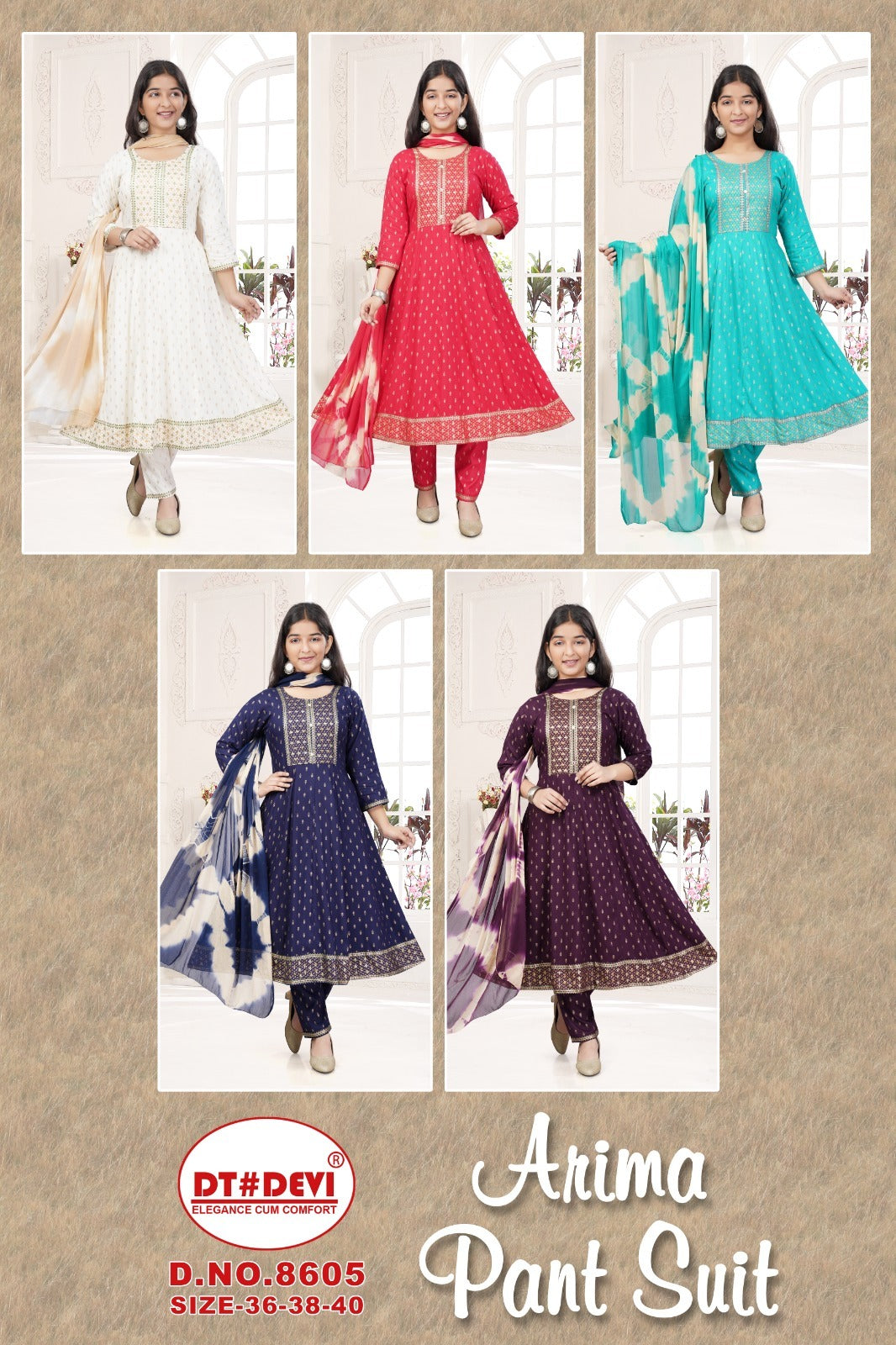 Arima 8605 Dt Devi Rayon Readymade Pant Style Suits Exporter