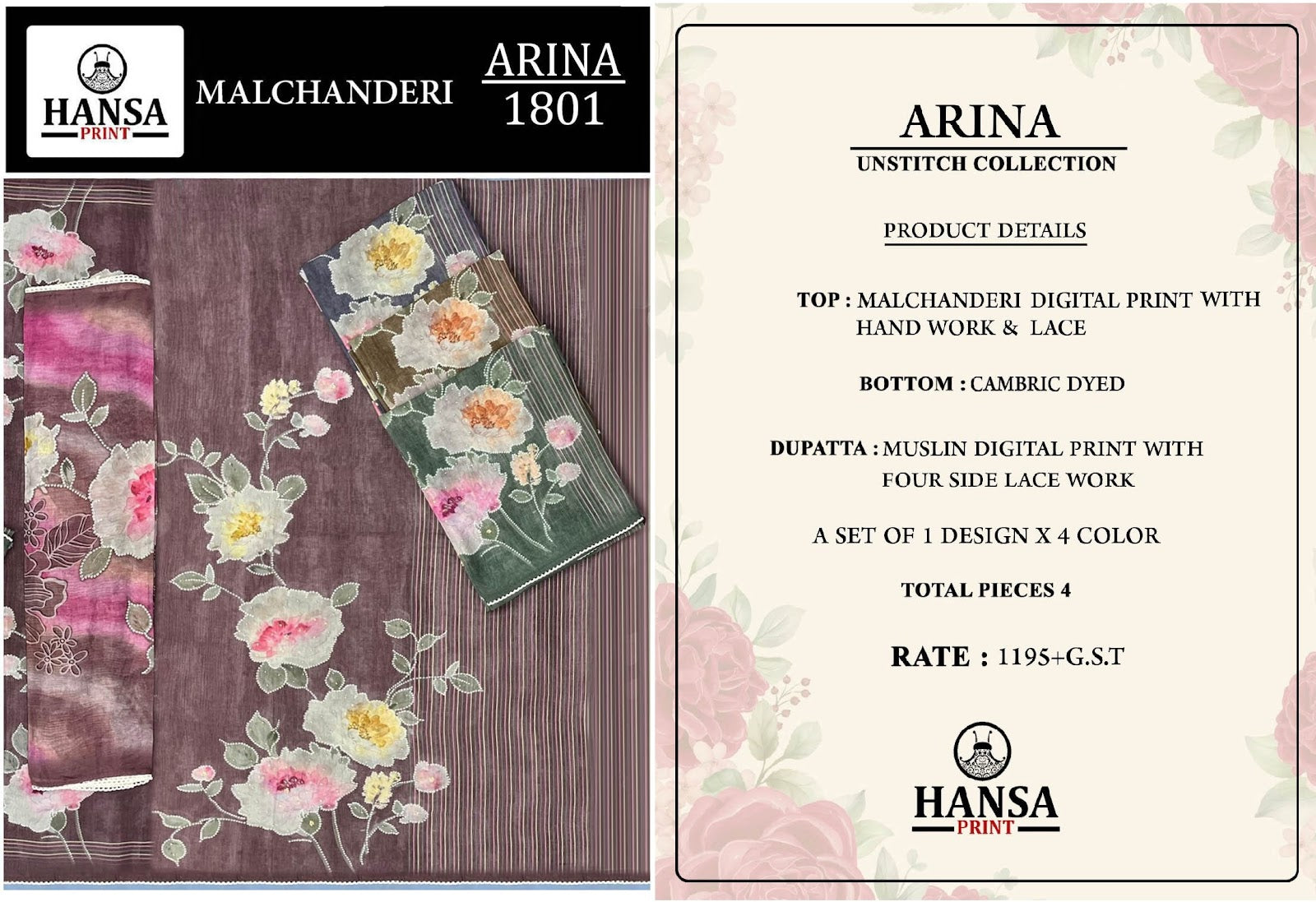 Arina 1801 Hansa Prints Mal Chanderi Pant Style Suits Supplier