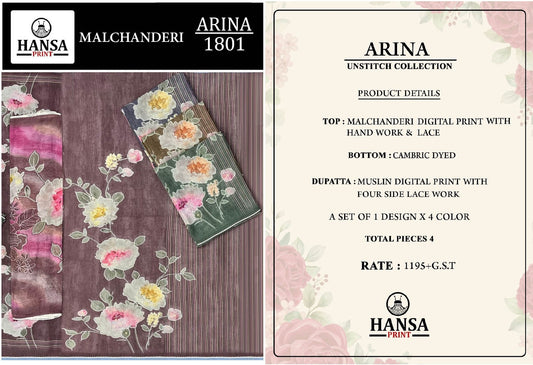 Arina 1801 Hansa Prints Mal Chanderi Pant Style Suits Supplier