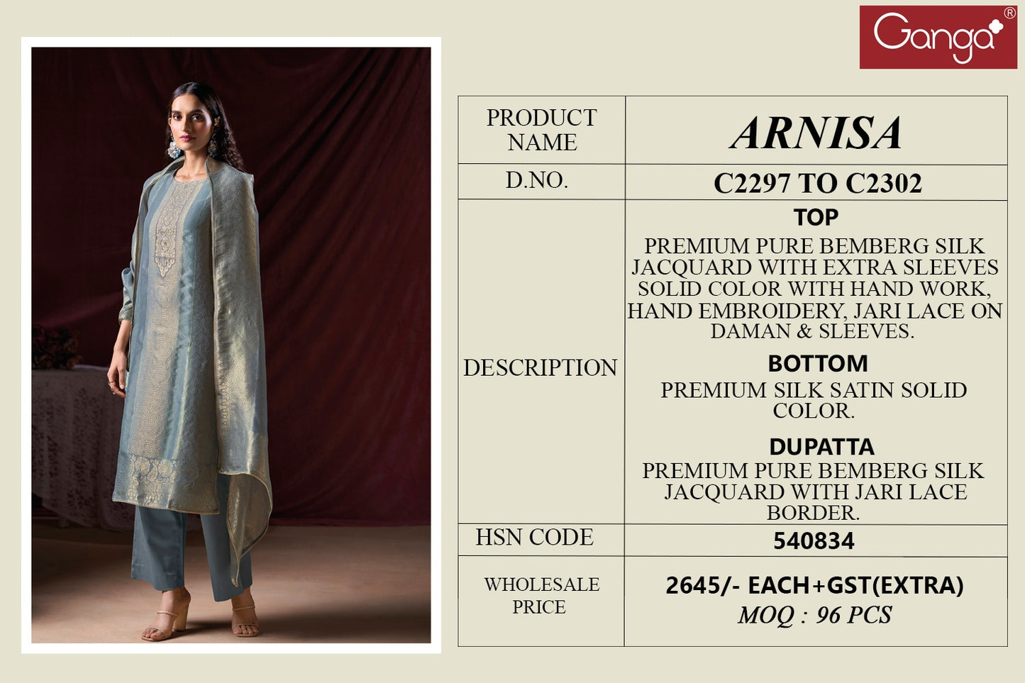 Arnisa Ganga Premium Bemberg Plazzo Style Suits Exporter