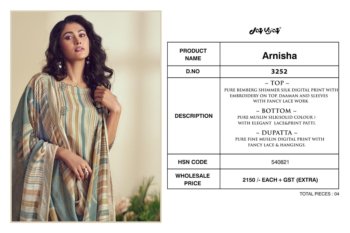 Arnisha Jay Vijay Pure Bemberg Pant Style Suits Wholesale Price