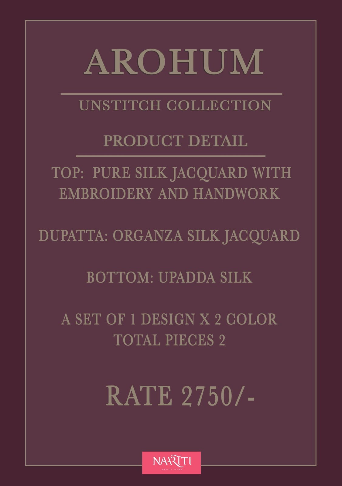 Arohum Naariti Pure Silk Pant Style Suits Wholesaler India