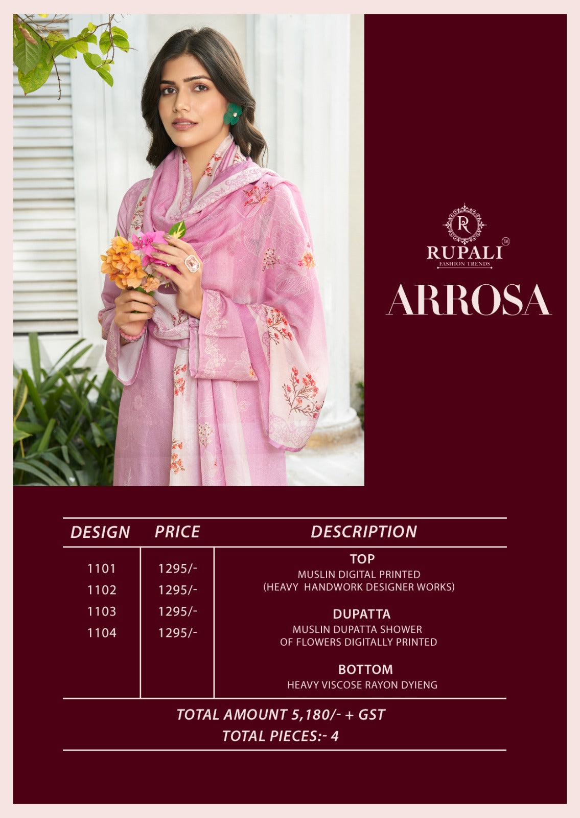 Arrosa Rupali Muslin Pant Style Suits Supplier India