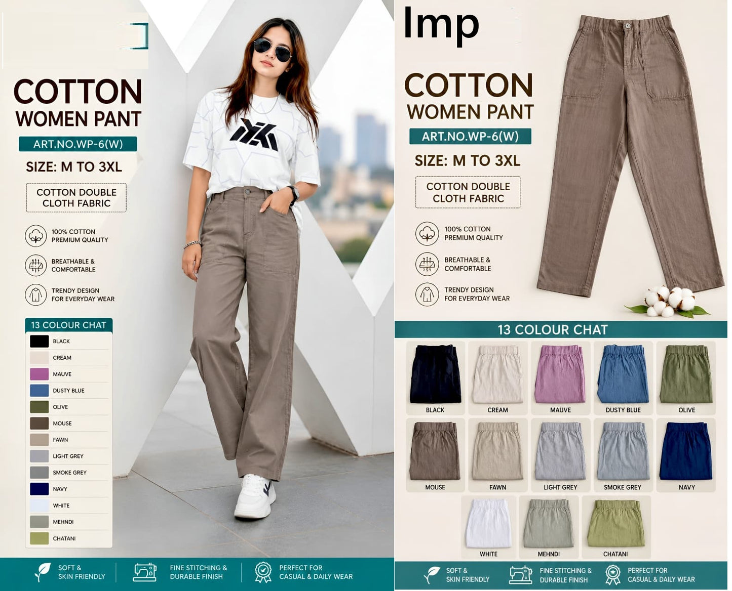 Art No Wp-6 W Imp Cotton Women Pants Exporter