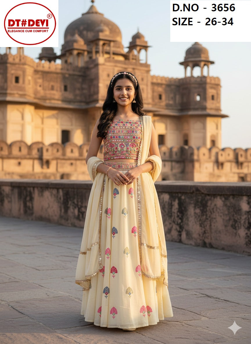 Arya D No 3656 Dt Devi Georgette Readymade Girls Lehenga Choli Wholesale Rate