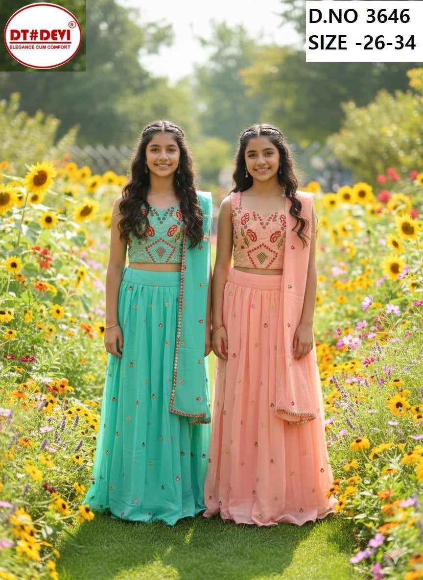 Arya Vol 2 3646 Dt Devi Georgette Readymade Girls Lehenga Choli Exporter India