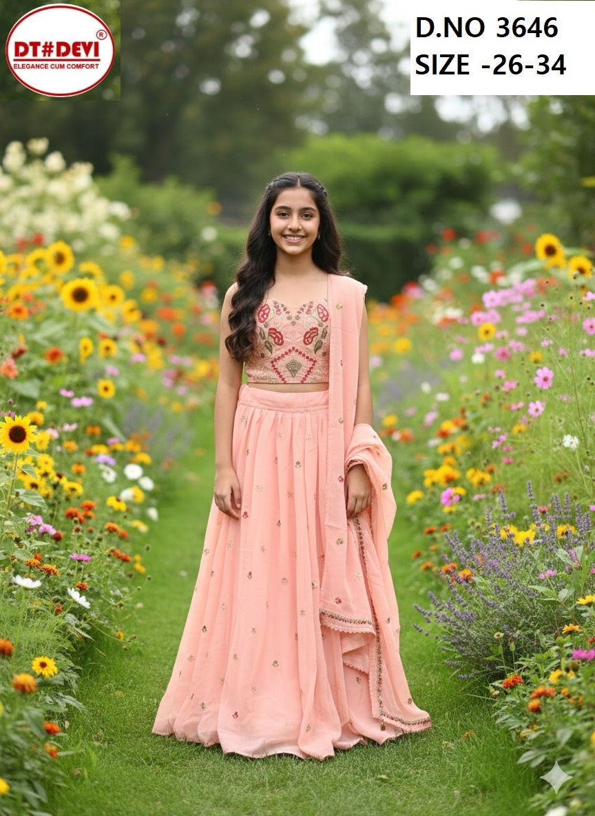 Arya Vol 2 3646 Dt Devi Georgette Readymade Girls Lehenga Choli Exporter India