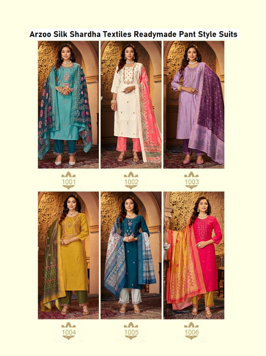 Arzoo Silk Shardha Textiles Premium Silk Readymade Pant Style Suits Wholesaler Ahmedabad