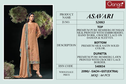 Asavari 3083 Ganga Premium Bemberg Plazzo Style Suits Exporter India