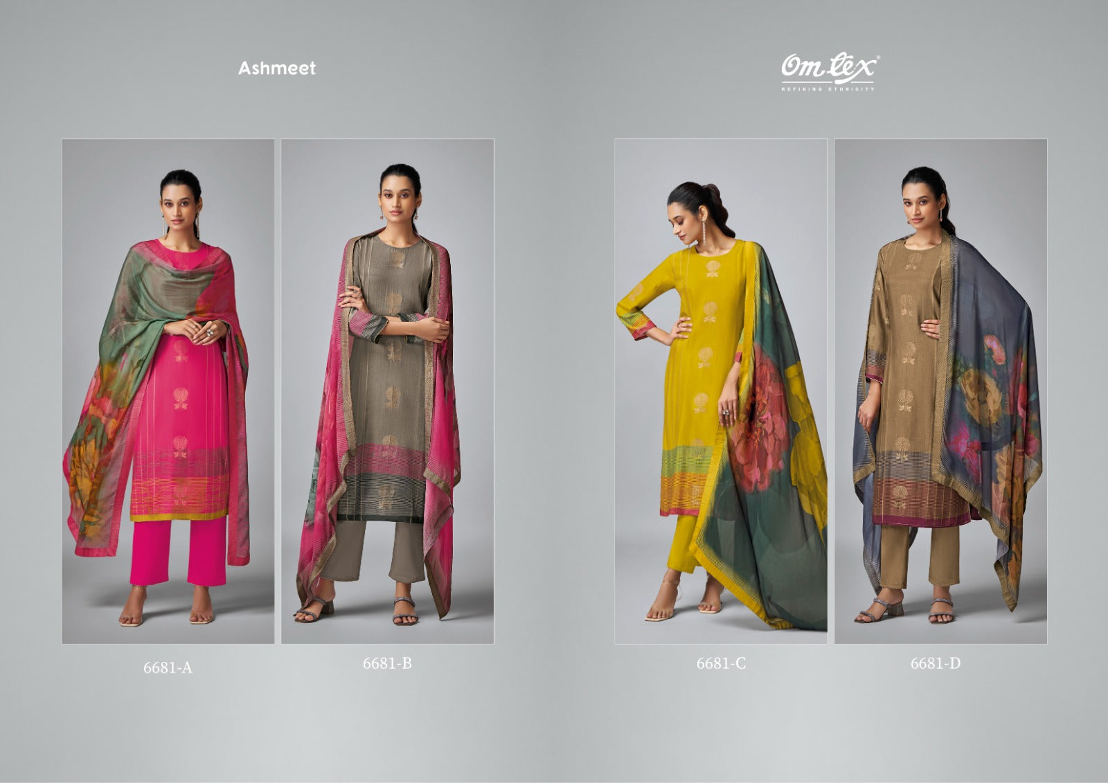 Ashmeet 6681 Omtex Muslin Jacquard Pant Style Suits Wholesaler India
